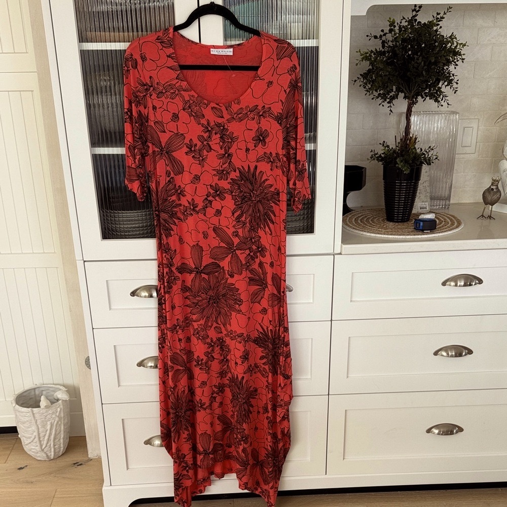 bryn Walker Red and Black Floral High Low Dress